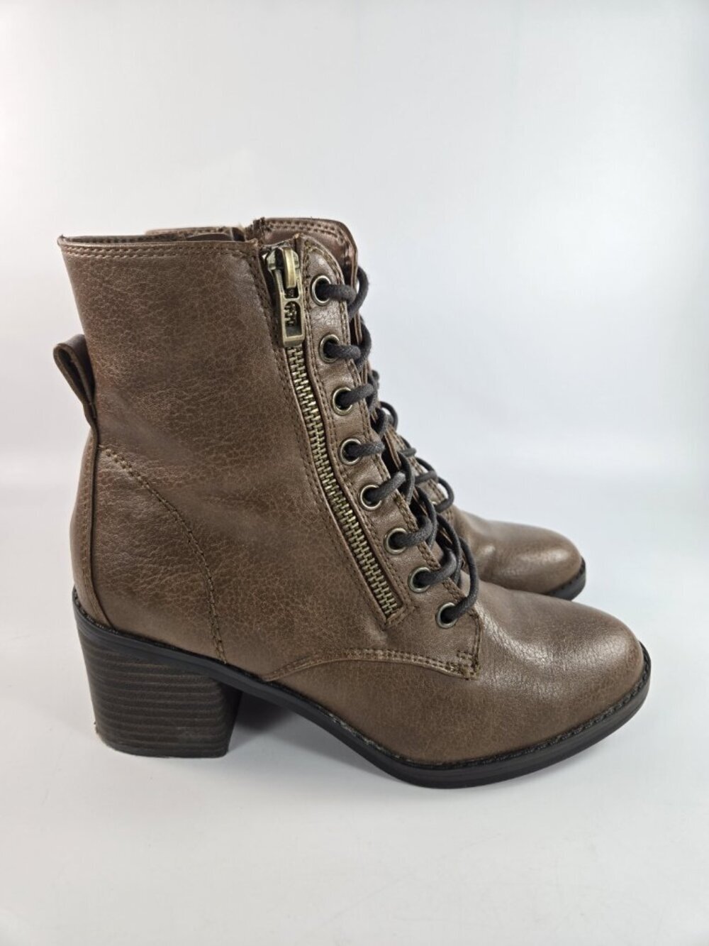Call it Spring Brown Lace-Up Heeled Ankle Boots 6.5 Side Zip Boho Steampunk